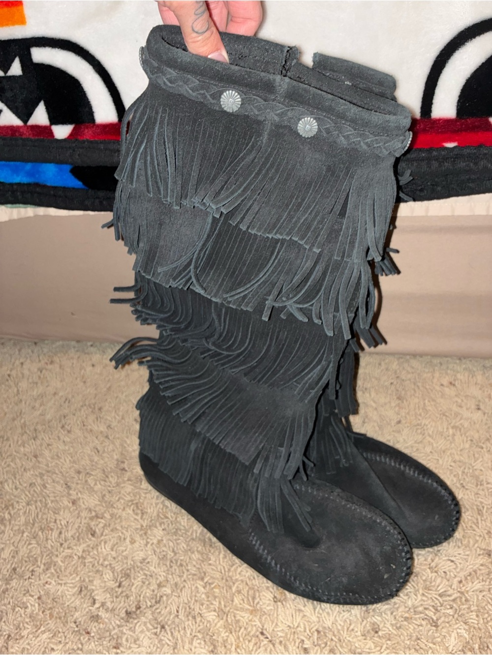 Minnetonka Black Suede Over-the-Knee Fringe moccasins
